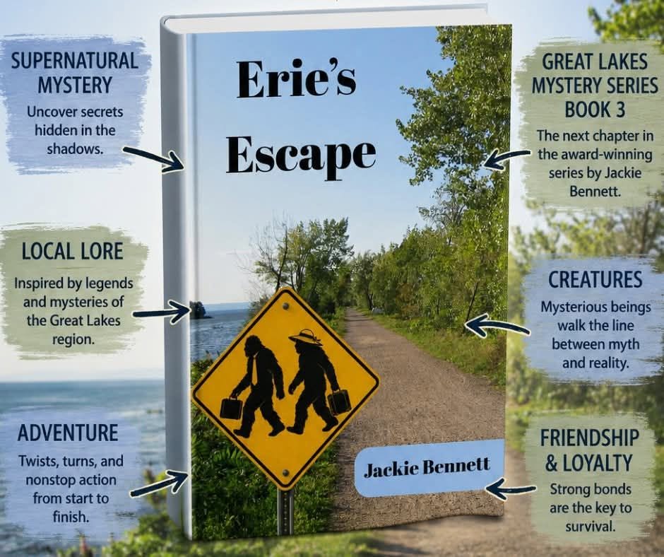 Book cover for Erie’s Escape by Jackie Bennett, featuring a yellow road sign of two figures walking on a lakeside trail, surrounded by text boxes highlighting the book’s themes.