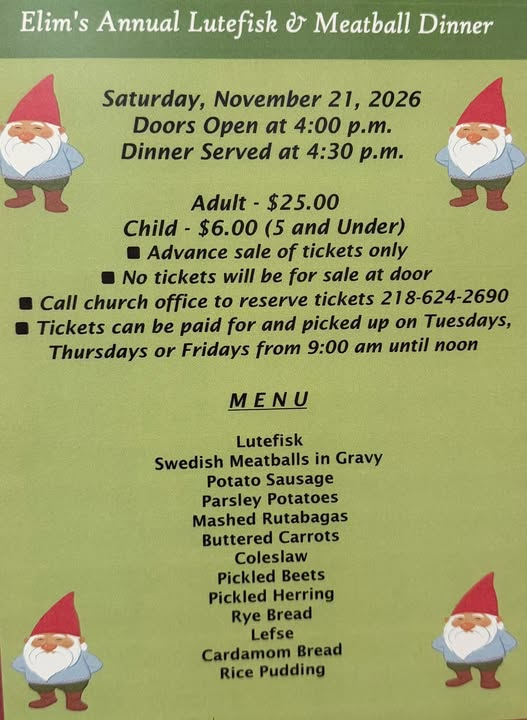 Flyer for Elim’s Annual Lutefisk & Meatball Dinner on November 21, 2026, listing ticket information, contact details, and the full menu.
