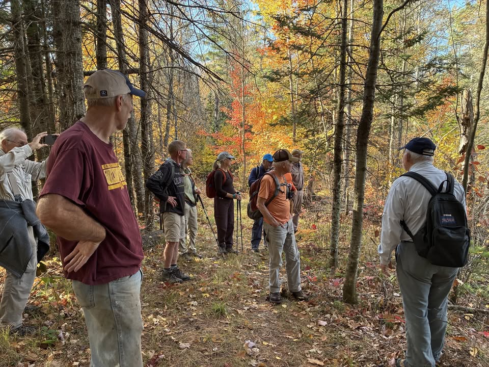 A group of hikers wearing casual outdoor clothing stands on a wooded trail surrounded by autumn foliage.