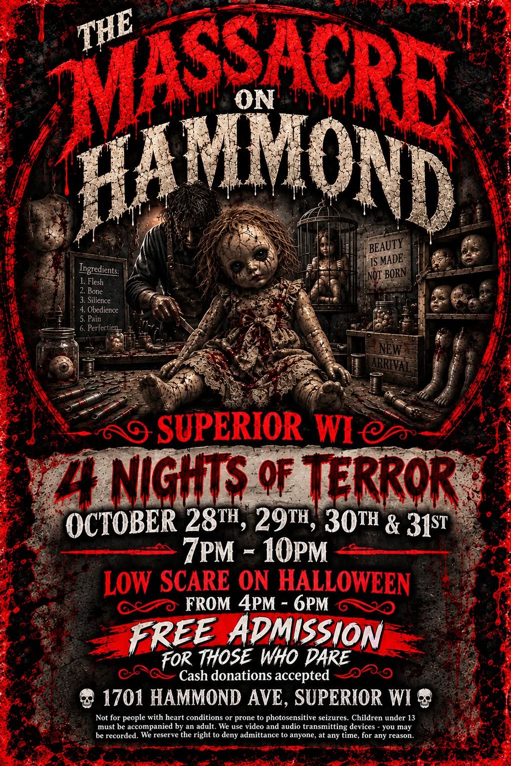 Horror-themed event poster for “The Massacre on Hammond” in Superior, WI, featuring a creepy doll in a workshop, listing event dates from October 28th to 31st and free admission details.