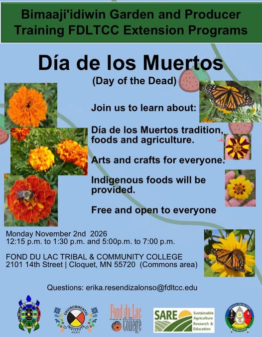 Event flyer for a Día de los Muertos celebration at Fond du Lac Tribal & Community College on November 2, 2026, featuring information on traditions, crafts, and food, with contact information and organizational logos at the bottom.