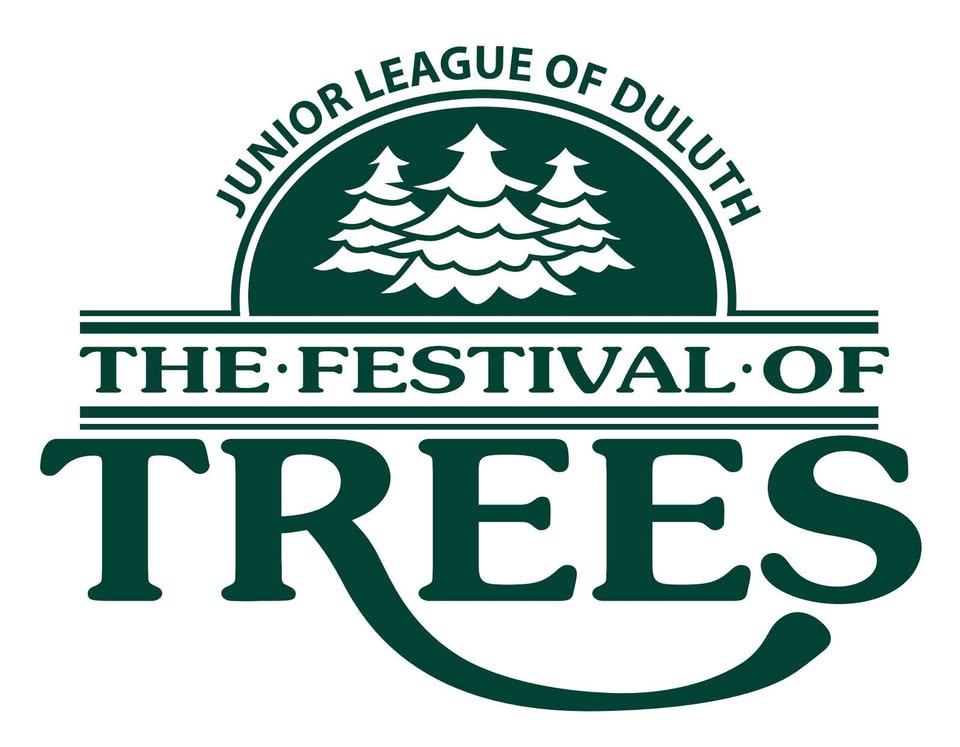 Logo for the Junior League of Duluth Festival of Trees featuring three pine trees in a circular frame above the event name.