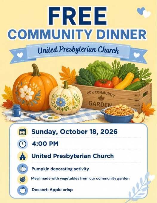 Flyer for a free community dinner at United Presbyterian Church on Sunday, October 18, 2026, at 4:00 PM, featuring a pumpkin decorating activity, vegetable meal, and apple crisp dessert.