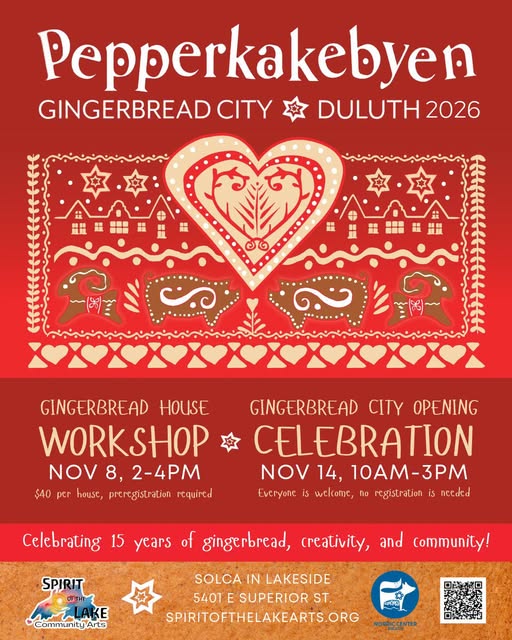 Event flyer for Pepperkakebyen Gingerbread City Duluth 2026, listing workshop and celebration dates, location, and website.