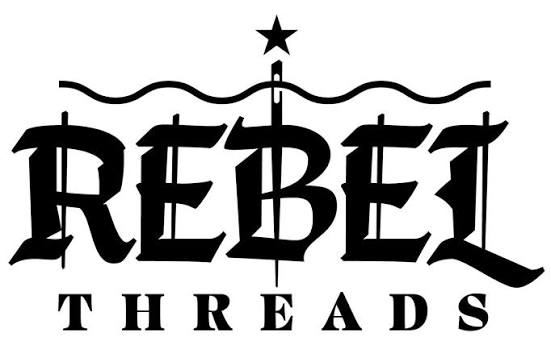 Logo for Rebel Threads featuring stylized black text, a needle passing through the letter B, and a star at the top.