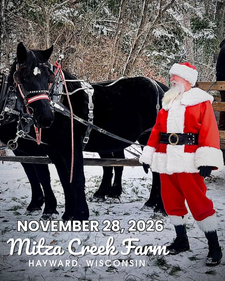 Santa Claus stands next to a harnessed black horse in the snow, with text that reads “November 28, 2026, Mitza Creek Farm, Hayward, Wisconsin.”