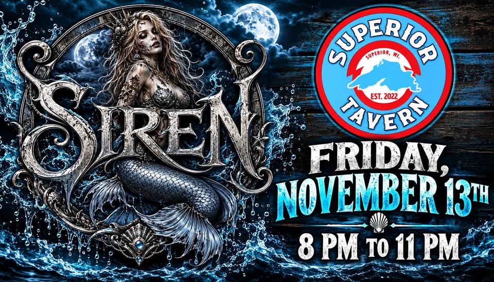 Event poster for Siren at Superior Tavern, featuring a mermaid illustration, on Friday, November 13th, from 8 PM to 11 PM.