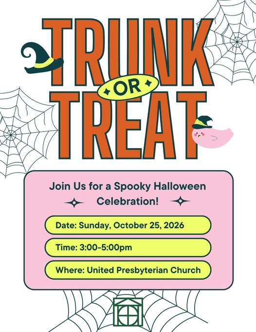 Trunk or Treat Halloween flyer for Sunday, October 25, 2026, from 3:00-5:00pm at the United Presbyterian Church.