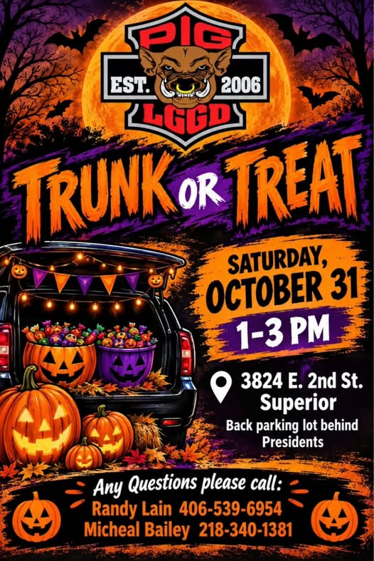 Event flyer for a Trunk or Treat on October 31 from 1-3 PM at 3824 E. 2nd St., Superior, featuring a car trunk filled with candy and contact information for Randy Lain and Micheal Bailey.